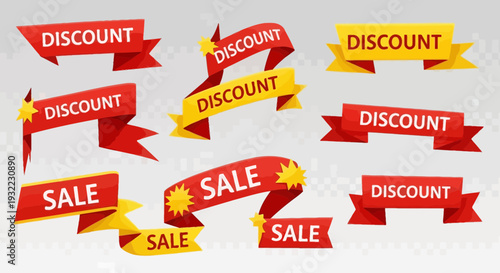 Colorful ribbon banners with discount and sale text for advertising