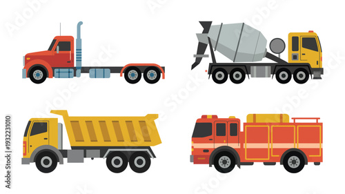 A set of four different types of trucks including a flatbed truck, cement mixer, dump truck, and fire truck, rendered in a flat design illustration