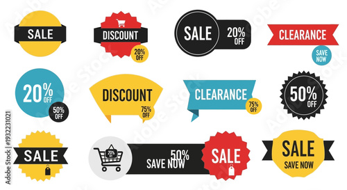 Colorful sale and discount badges and banners for promotion and advertising