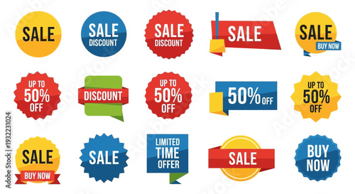 Colorful sale and discount badges and banners for promotion and advertising