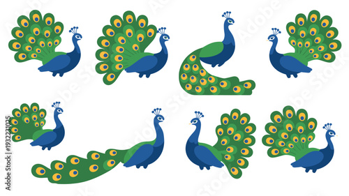 A vibrant collection of eight beautifully illustrated peacocks showcasing their magnificent blue and green plumage in various graceful poses, perfect for nature and design projects