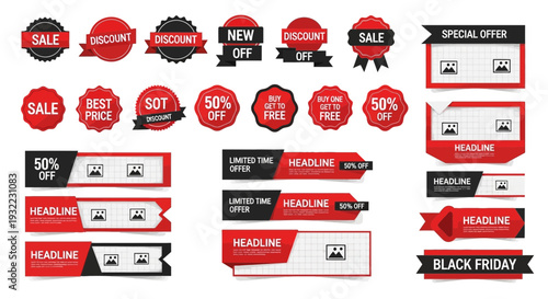 Collection of sale banners and discount labels for retail promotions