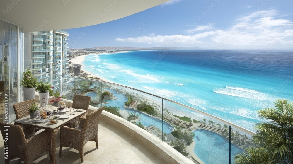 Fototapeta premium Luxurious Coastal View from an Elegant Balcony Overlooking Vibrant Blue Ocean and Resort Pool Area