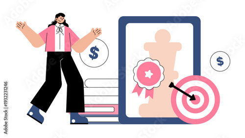 Woman presenting a marketing strategy featuring a large tablet with a chess piece award medal and a bullseye target