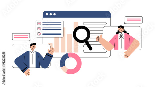 Two business professionals engaging in a virtual meeting with search icons and data charts in the background