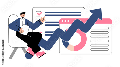 Businessman sitting in a chair pointing at a large blue arrow trending upwards over data charts and reports