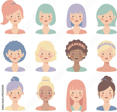 Diverse Women Avatar Faces Set Flat Vector Illustration.