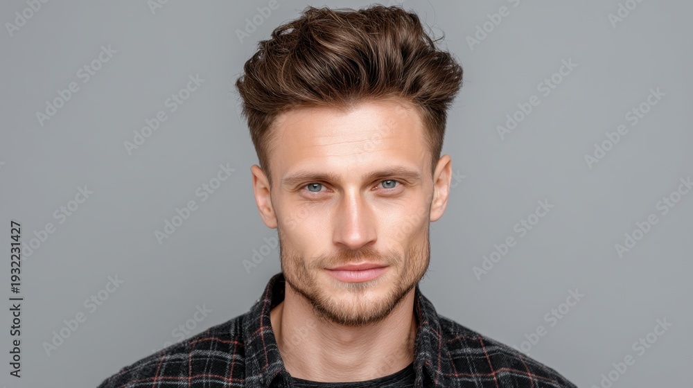 Obraz premium Portrait of a Young Man with Stylish Hair and Confident Expression Against a Neutral Gray Background