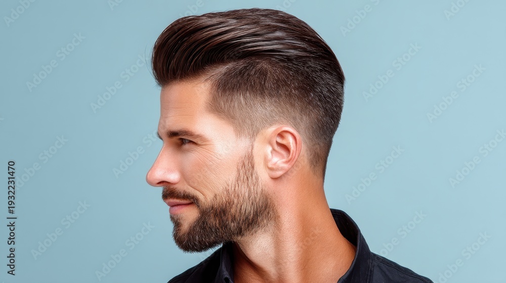 Fototapeta premium Stylish Man with Modern Hairstyle and Well-Groomed Beard Posing Against Soft Blue Background with Confident Expression