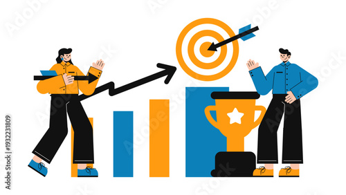 Business people reaching targets with growth charts and victory trophy