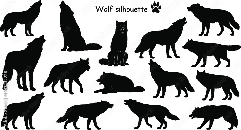 Fototapeta premium Wolf silhouette vector illustration set featuring howling, standing, running, and walking wolves, wild animal shapes isolated on white background