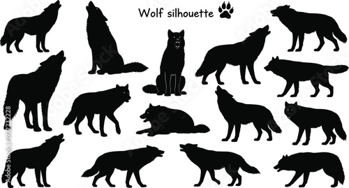 Wolf silhouette vector illustration set featuring howling, standing, running, and walking wolves, wild animal shapes isolated on white background