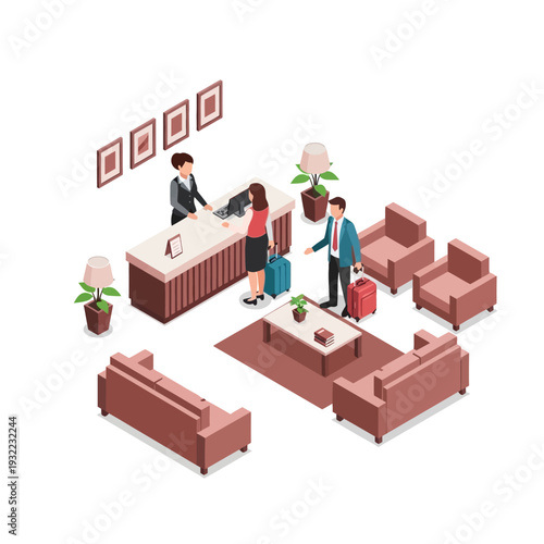 Isometric illustration of a hotel lobby with reception desk and waiting area.