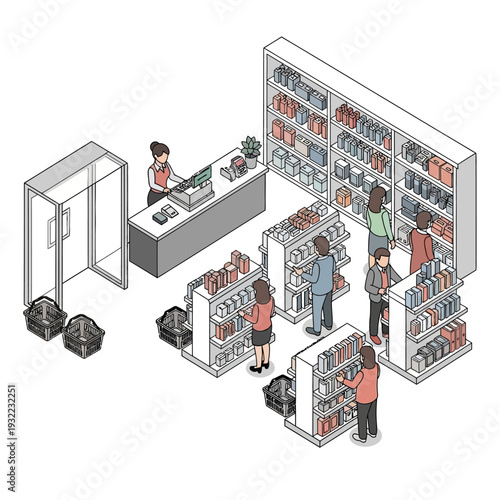 Isometric illustration of people shopping in a modern electronics store with various gadgets on display.