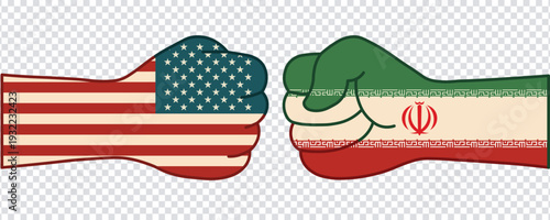 USA and Iran Fist Punch Clash Vector Illustration – Political Conflict Concept with American and Iranian Flags Isolated on Transparent Background