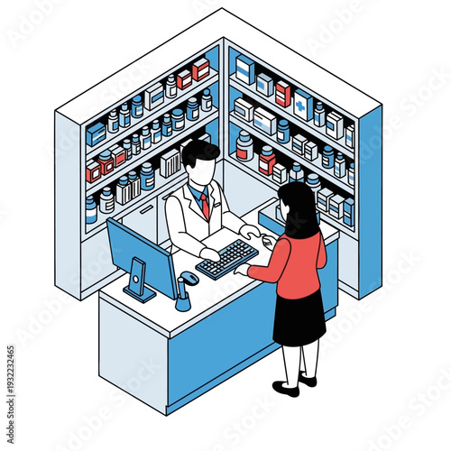 Pharmacist assisting customer at a modern pharmacy counter.