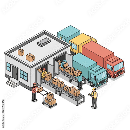 Warehouse workers loading and unloading trucks with packages.