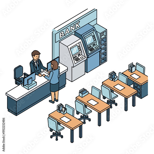 Isometric illustration of a bank interior with customers and employees.