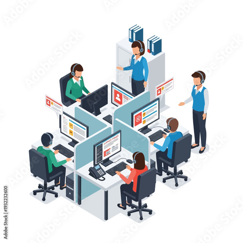 Office workers collaborating at their workstations in a modern cubicle setting.