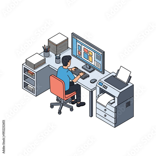 Tableau sur toile Man working on computer at office desk with printer and files.