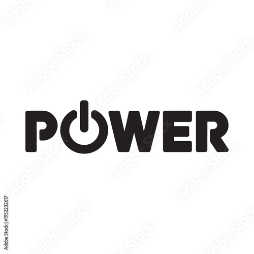 Black and white graphic design featuring the word power with a symbol