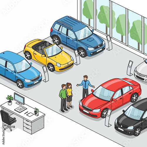 Car dealership showroom with various vehicles and customers browsing.
