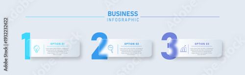Modern Glassmorphism Business Infographic 3 Step Timeline with Blue Gradient Numbers and Frosted Glass Cards