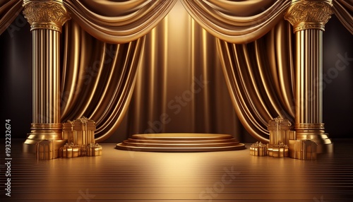 ceremony award background with gold stage and concert curtain 3d luxury dark satin theater backdrop with premium golden podium champion presentation banner elegant birthday studio spotlight scene