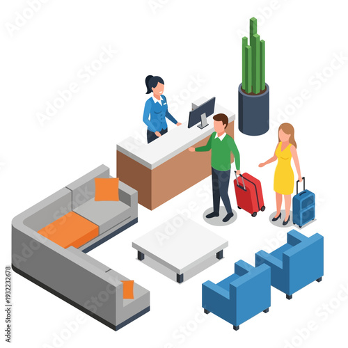 Couple checking in at hotel reception with luggage.