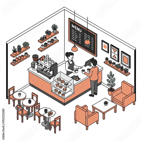 Isometric illustration of a modern coffee shop interior with customers and staff.