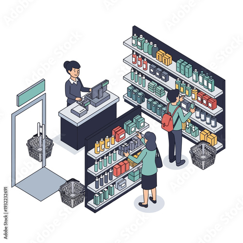 Isometric illustration of a supermarket checkout and shelves with customers and products.