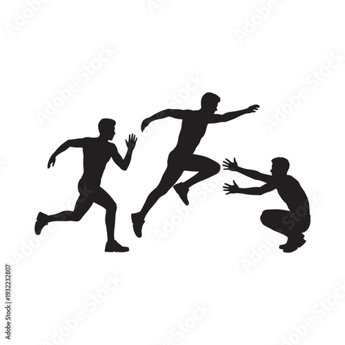 Silhouettes of three men in dynamic running and reaching poses