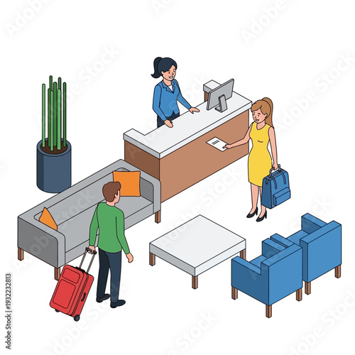 Reception area with staff and visitors waiting and checking in.