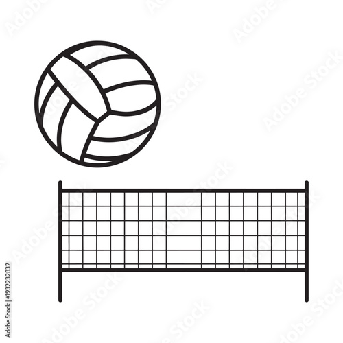 A simple black and white illustration of a volleyball and net