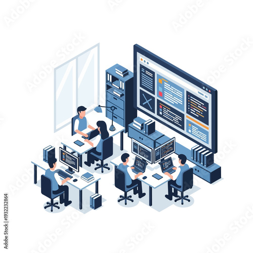 Team of software developers working collaboratively on a project.