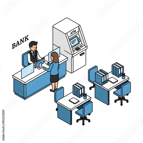 Woman visiting bank teller and using ATM in modern bank office.