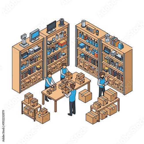 Warehouse workers organizing inventory on shelving units and packaging.