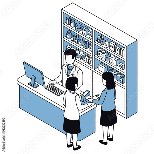 Pharmacy Counter with Pharmacist and Customers.