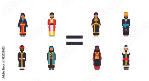 Illustration of diverse people in traditional clothing standing equal on a white background for Zero Discrimination Day