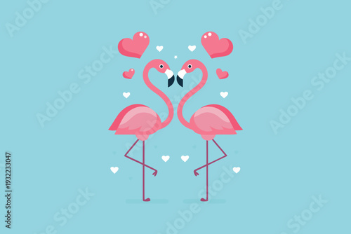 Two pink flamingos form a heart shape surrounded by love symbols