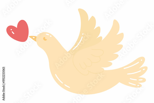 A stylized yellow dove carrying a bright red heart in its beak