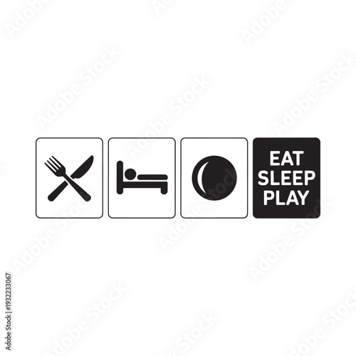Eat sleep and play a minimalist icon sequence in black and white