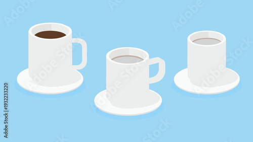 Isometric illustration featuring three white mugs on saucers