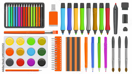 An assortment of colorful art supplies arranged on a white surface