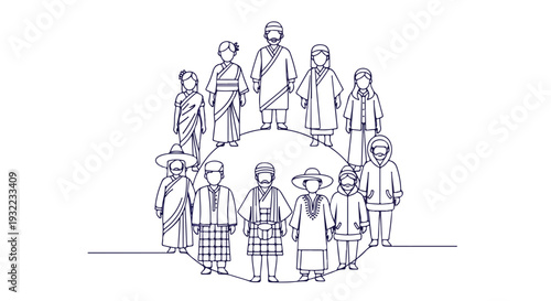 Diverse group of people standing together in unity, promoting acceptance and equality on Zero Discrimination Day with a minimalist line art style and neutral background
