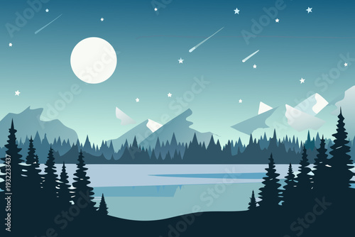 Serene night landscape with a full moon mountains and forested shoreline