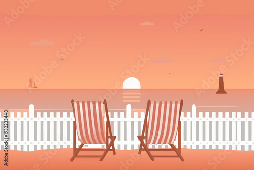 A peaceful beach scene with lounge chairs at sunset overlooking the ocean