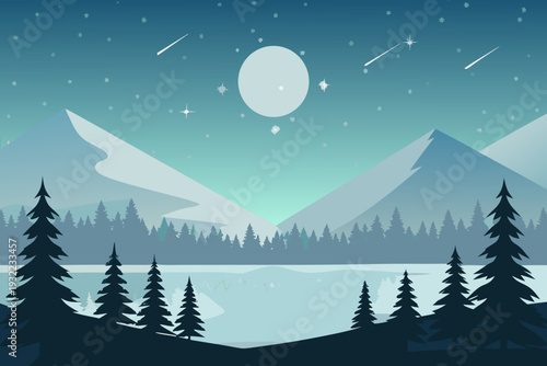 A serene night landscape featuring mountains forest and a bright moon