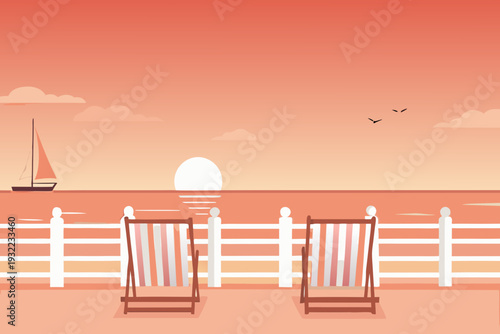 A serene beach scene with lounge chairs at sunset overlooking the ocean