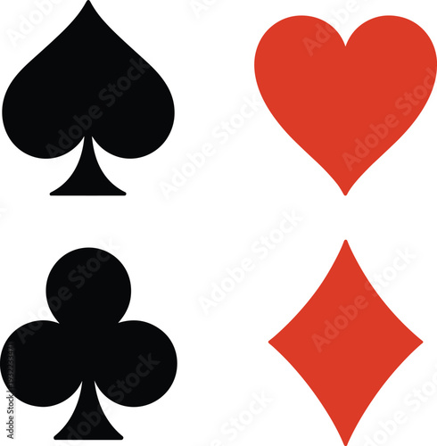 Playing card suits icons set, spade heart club diamond symbols, classic casino gambling design, vector illustration isolated, red black shapes